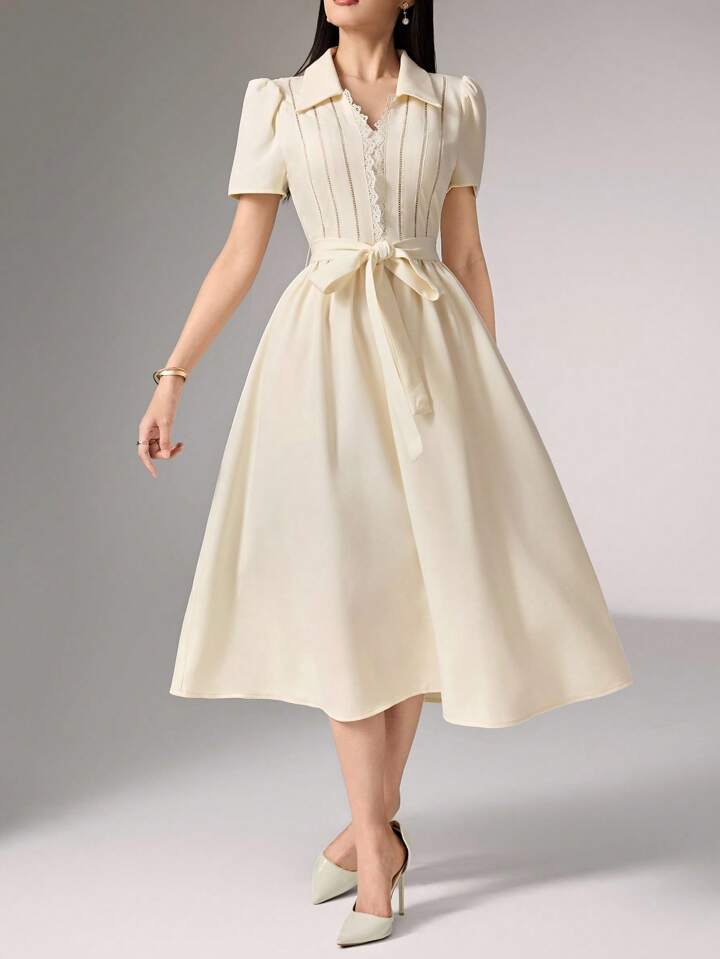 Heiryn Robe Mi-Longue Élégante Pour Femmes Avec Manches Bouffantes De Couleur Unie
