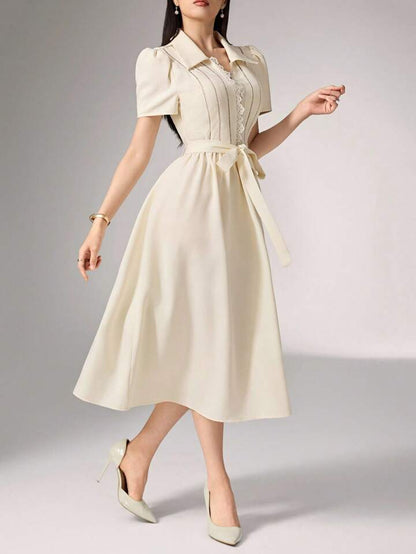 Heiryn Robe Mi-Longue Élégante Pour Femmes Avec Manches Bouffantes De Couleur Unie