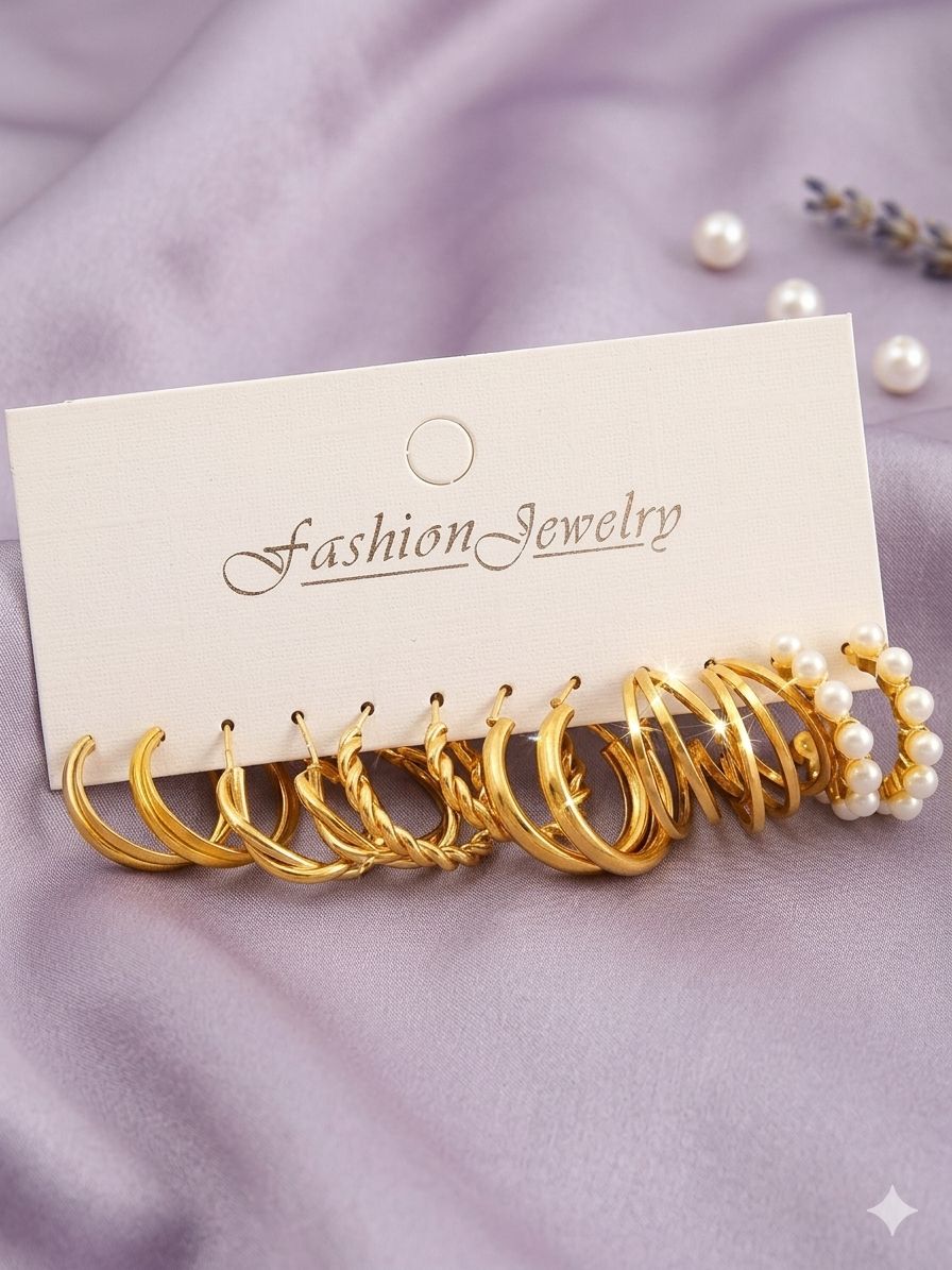 Ensemble De 6 Boucles D'oreilles Simples En Perles Fausses Et En Géométrie Métallique Pour Les Femmes