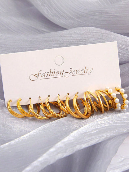 Ensemble De 6 Boucles D'oreilles Simples En Perles Fausses Et En Géométrie Métallique Pour Les Femmes